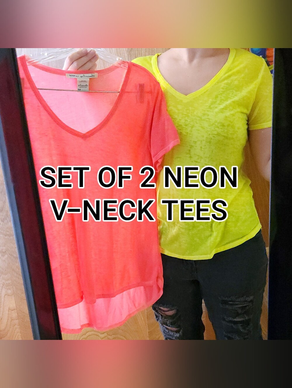 (SET OF 2) American Rag V Neck Tees Neon Coral Pink Highlighter Yellow